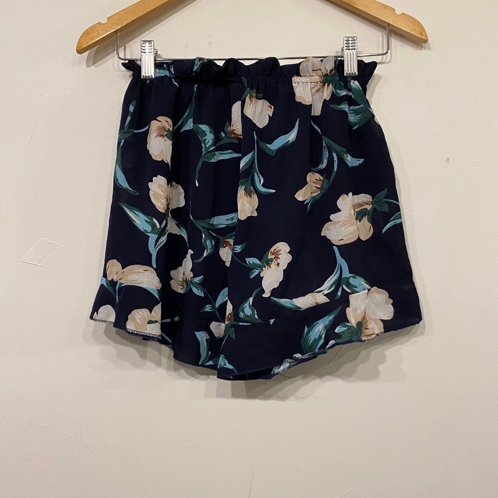 Navy Floral Ruffle Hem Paperbag Waist Shorts with Tassels Small